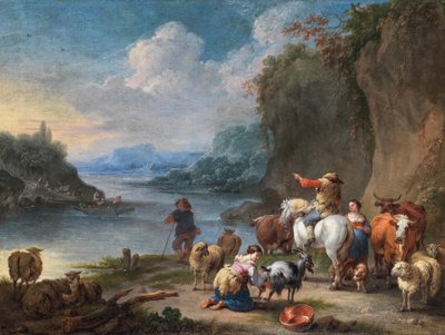 Veehoeders en hun kudde rusten uit naast een rivier door Pieter Bout
