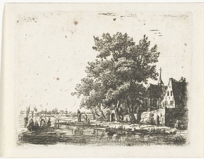 Trekschuit bij een klooster door Pieter Casper Christ