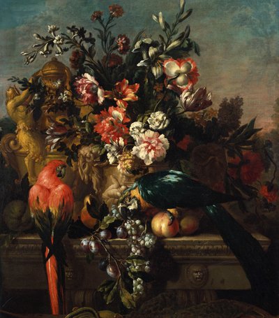Anjers en andere bloemen met papegaaien op een voetstuk door Pieter Casteels