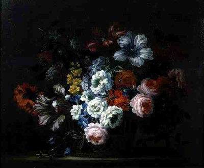 Stilleven van Rozen, Pioenen, Tulpen en Winde in een Mand door Pieter Casteels