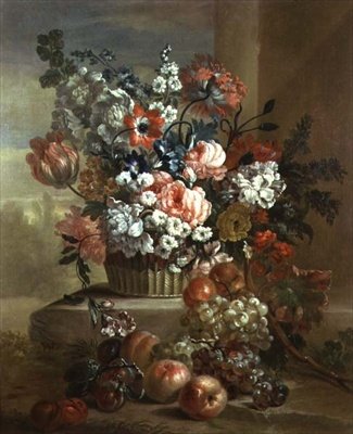 Stilleven van een mand met bloemen en fruit door Pieter Casteels