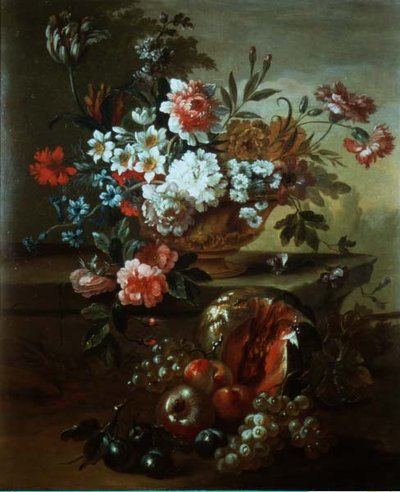 Stilleven van bloemen in een urn met fruit door Pieter Casteels