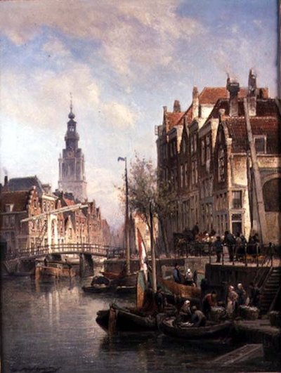 Straatscène aan een kanaal door Pieter Christiaan Cornelis Dommelshuizen