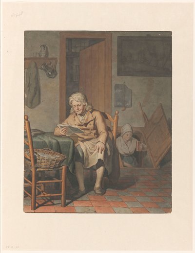 Interieur met lezende man door Pieter Christoffel Wonder