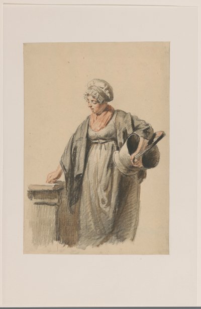 Staande vrouw met een emmer onder de arm door Pieter Christoffel Wonder