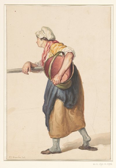 Staande vrouw met een emmer onder de arm door Pieter Christoffel Wonder
