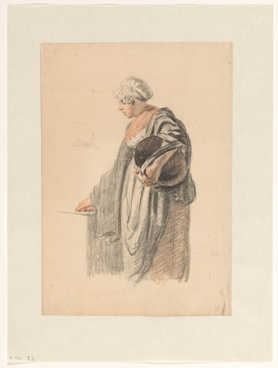 Staande vrouw met een emmer onder de arm door Pieter Christoffel Wonder