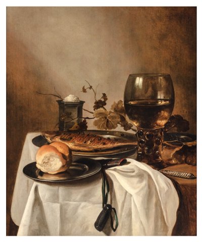 Een broodje, haring, zilveren zoutvat, grote roemer en mes op een gedekte tafel, ca. 1644 door Pieter Claesz