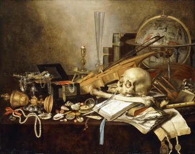 Een vanitas stilleven van muziekinstrumenten en manuscripten, een omgevallen vergulde beker, een juwelendoos, een kandelaar, een astrologische globe, een parelsnoer, juwelen, schelpen, een schedel en dijbeen en een zandloper op een gedrapeerde tafel, 1653 door Pieter Claesz