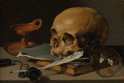 Stilleven met een schedel en een schrijfveer door Pieter Claesz
