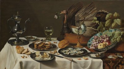 Stilleven met een kalkoentaart door Pieter Claesz