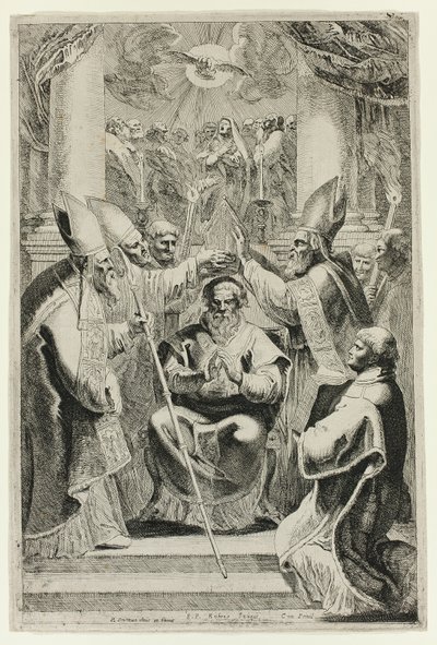Wijding van de bisschop van Noyon met scène van Pinksteren erboven door Pieter Claesz. Soutman