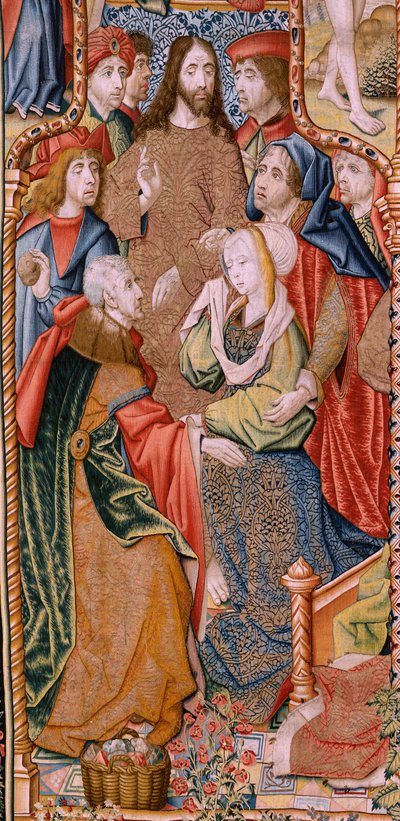 Vlaamse wandtapijt. Serie Episodes uit het Leven van de Maagd. De profetieën worden vervuld bij de geboorte van Christus (Cumplimiento de las profecías en el nacimiento del Hijo de Dios). Eerste wandtapijt in de serie. Modellen Toegeschreven aan Jan von Ro door Pieter Coecke van Aelst