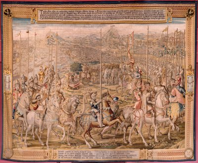 Vlaams wandtapijt. Serie De verovering van Tunis; Inspectie van de troepen in Barcelona. Tweede wandtapijt in de serie. Model Jan Vermeyen en Pieter Coecke van Aelst. 1543-1548. Manufacture Real Fábrica de Tapices de Sant door Pieter Coecke van Aelst