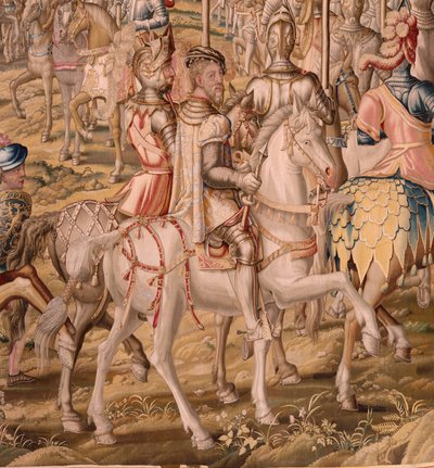 Vlaams wandtapijt. Serie De verovering van Tunis; Inspectie van de troepen in Barcelona. Tweede wandtapijt in de serie. door Pieter Coecke van Aelst