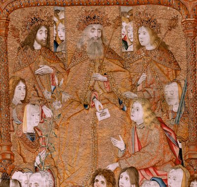 Vlaamse wandtapijt. Serie Triomfen van de Moeder of Paños de Oro. God stuurt de Aartsengel Gabriel. Eerste wandtapijt in de serie. Model Colin de Cooter (?). Manufacture Pieter van Aelst (of van Edingen), Brussel. Ca 1500-1502. door Pieter Coecke van Aelst