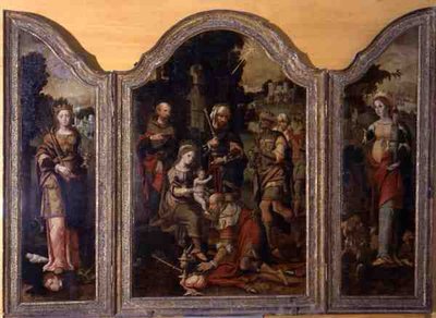 Drieluik met de aanbidding van de wijzen en twee heiligen door Pieter Coecke van Aelst