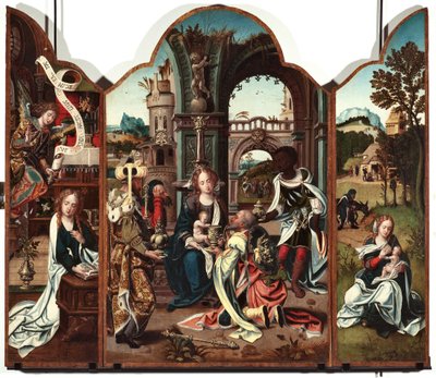 Drieluik van de Aanbidding der Wijzen Linker paneel: Aankondiging - Rechter paneel: Aankondiging, links en Vlucht naar Egypte rechts door Pieter Coecke van Aelst