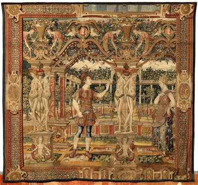Vertumnus en Pomona: Vertumnus getransformeerd in een snoeier, ca. 1550 (goud, wol en zijde) door Pieter Coecke van Aelst