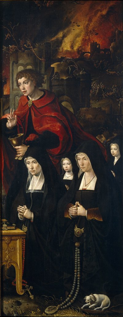 Sint Johannes de Evangelist met twee vrouwen en twee biddende meisjes (detail) door Pieter Coecke van Aelst