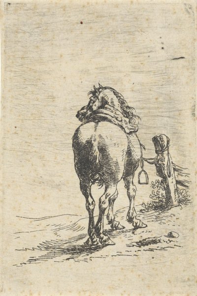 Gezadeld paard aan een paal door Pieter Cornelisz. Verbeeck