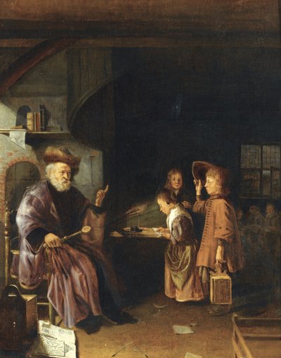 Een schoolmeester die zijn leerlingen lesgeeft in een klaslokaal, midden 17e eeuw door Pieter Cornelisz. van Egmondt