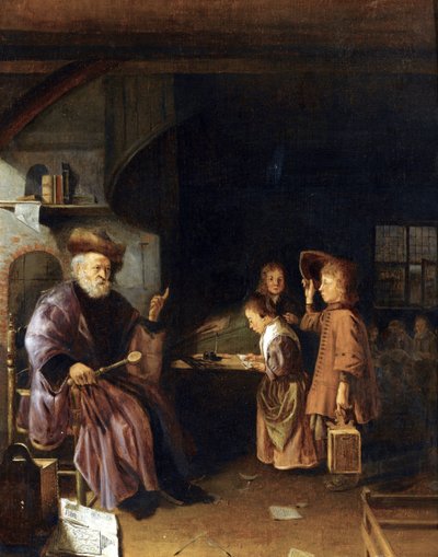Een schoolmeester die zijn leerlingen lesgeeft in een klaslokaal door Pieter Cornelisz van Egmondt