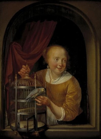Meisje met een papegaai door Pieter Cornelisz. van Slingelandt