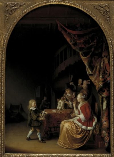Scène uit een welvarend Nederlands huis door Pieter Cornelisz. van Slingelandt