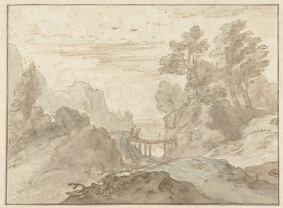 Berglandschap met twee figuren op een smalle brug door Pieter Dircksz van Santvoort (possibly)