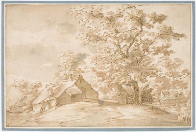 Landschap met een grote eik naast boerderijen door Pieter Dircksz van Santvoort
