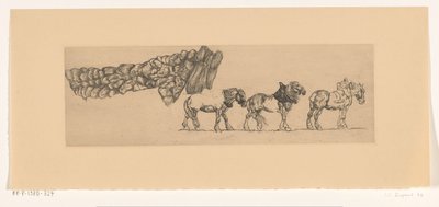 Drie trekpaarden en de lading van een hooiwagen door Pieter Dupont