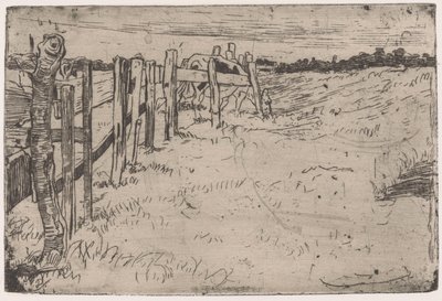 Grazende koe bij een hek in een weiland door Pieter Dupont