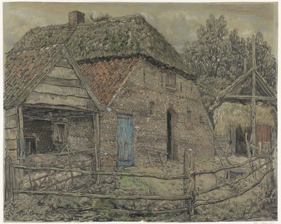 Grote boerenschuur, met een varkenshok ervoor door Pieter Dupont
