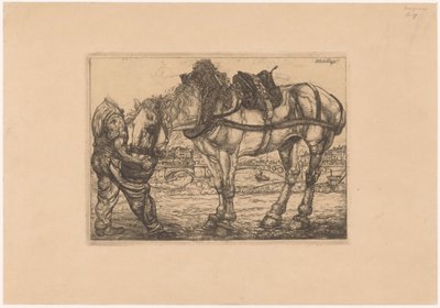 Man voert een paard uit een emmer door Pieter Dupont