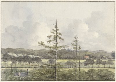 Vergezicht van weilanden met boerderijen door Pieter Ernst Hendrik Praetorius