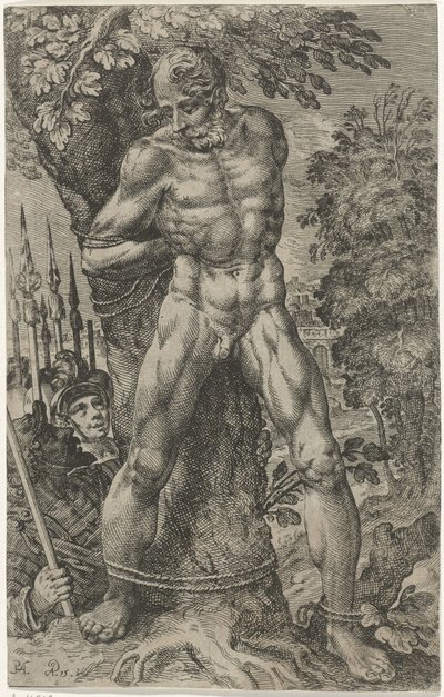 Achior vastgebonden aan een boom door Pieter Feddes van Harlingen