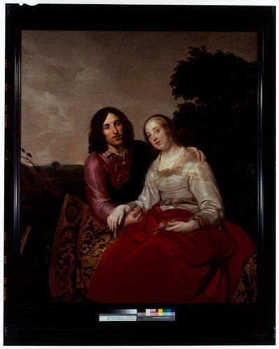 Een huwelijksportret van een jong stel in een landschap door Pieter Fransz. de Grebber