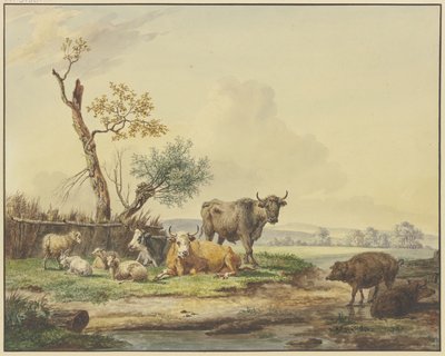 Vee in een weide bij een omheining, rechts twee varkens door Pieter Gerardus van Os