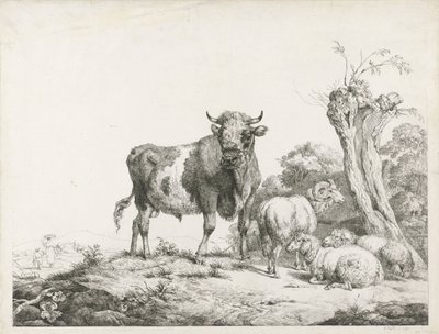 Een stier, een ram en twee liggende schapen bij een knotwilg door Pieter Gerardus van Os