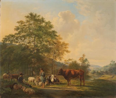 Heuvelachtig landschap met herder, drijver en vee door Pieter Gerardus van Os