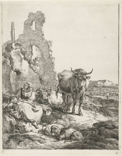 Landschap met staande en liggende koe en herderin voor een ruïne door Pieter Gerardus van Os