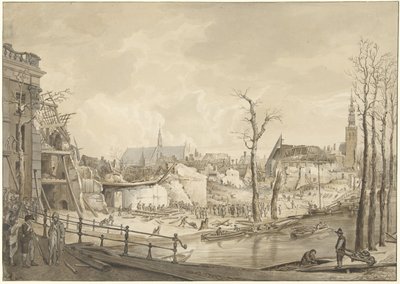 Ruïnes op de noordzijde van het Steenschuur na de Buskruitramp te Leiden, 12 januari 1807 door Pieter Gerardus van Os