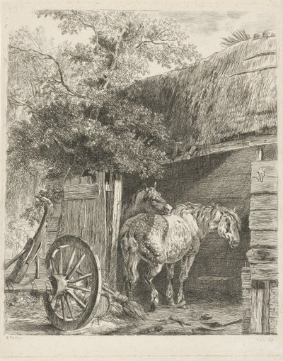 Twee paarden in een boerenschuur door Pieter Gerardus van Os