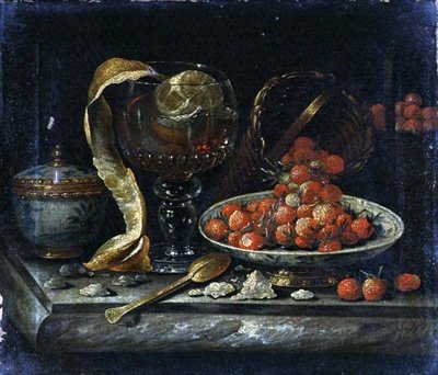 Stilleven van Chinese Blauwe en Witte Kom en Deksel, Glazen Roemer, Gouden Lepel en Fruit door Pieter Gerritsz. van (manner of) Roestraten