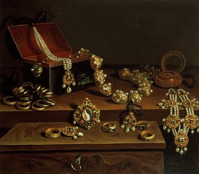 Kist met juwelen op een tafel, voornamelijk van Duitse oorsprong (1600-50) door Pieter Gerritsz. van Roestraten
