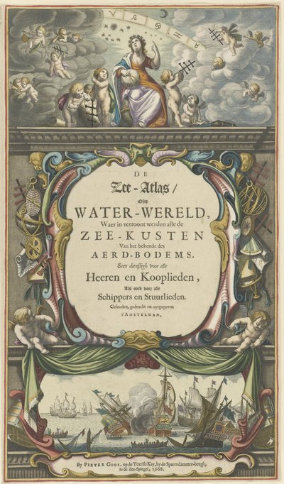 Titelpagina voor Pieter Goos, De Zee-Atlas ofte Water-Wereld, 1668 door Pieter Goos