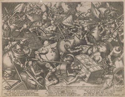 Gevecht van de geldzakken en de kisten, c. 1560 door Pieter Heyden van der
