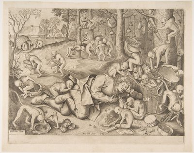 De koopman beroofd door apen, 1562 door Pieter Heyden van der