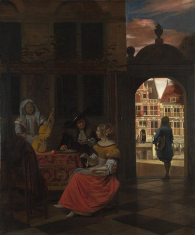 Een muzikaal gezelschap in een binnenplaats door Pieter Hooch de
